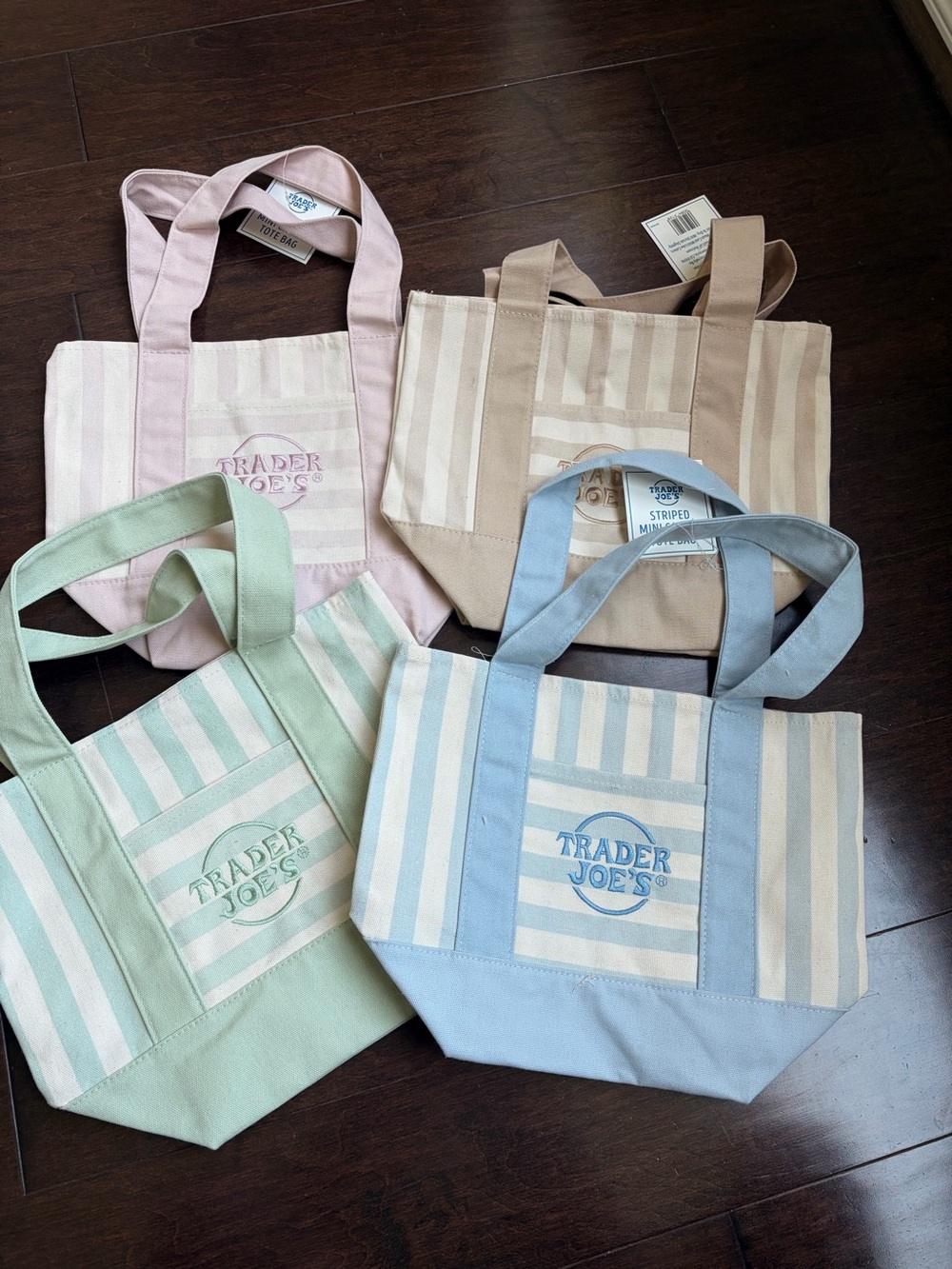 4 Pieces Set NEW 2026 Edition Trader Joe's Mini Tote Canvas Bags Pastel Striped - Picture 2 of 11
